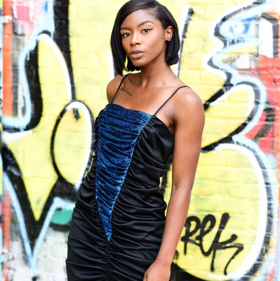 80s black and metallic ruched dress with fishtail - Picture 2 of 6